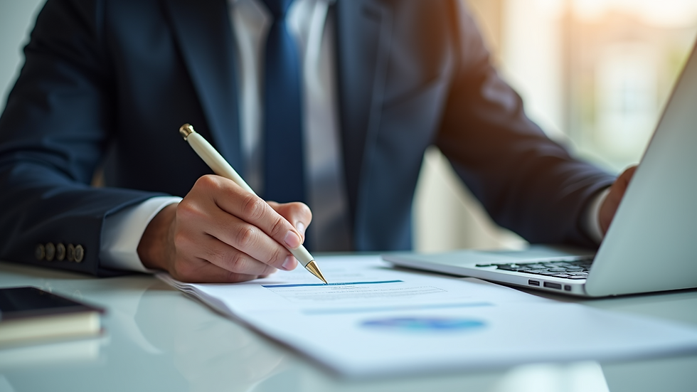 Close-up view of a business professional reviewing compliance documents