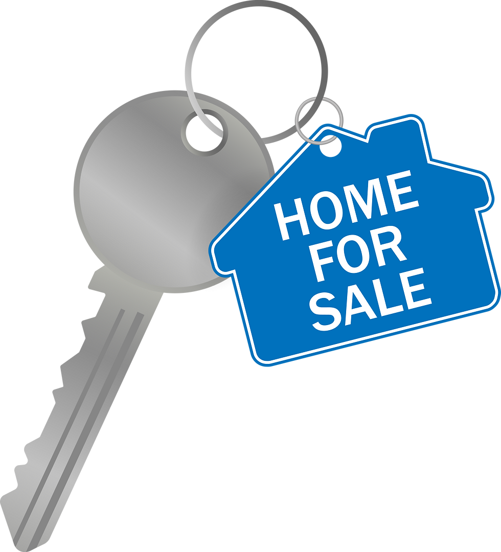 Keychain with key and a blue house-shaped tag that says 'Home for Sale'