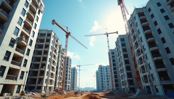 Eye-level view of a construction site with cranes and partially built residential buildings
