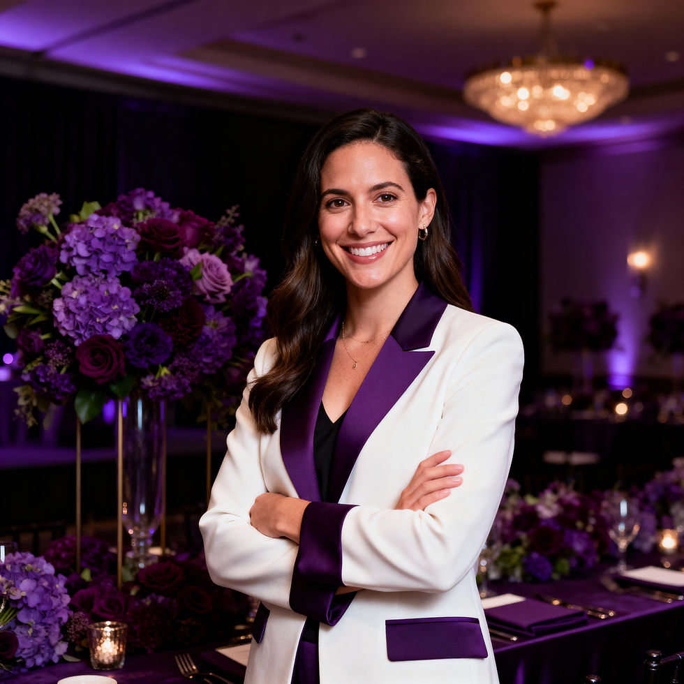 Smiling woman in white blazer at purple-themed event