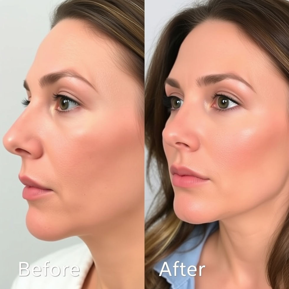 Side-by-side images of a woman's face before and after, showing smoother skin. Text reads "Before" and "After." Mood is neutral.
