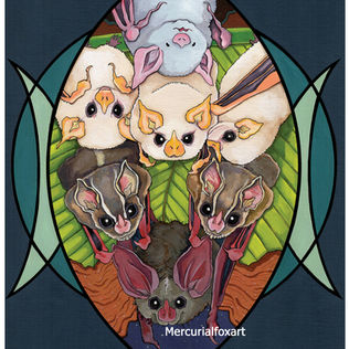 An acrylic goauche painting of many bats which are endangered species.