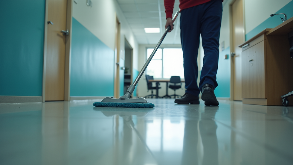 Eye-level view of a janitor cleaning an office floor