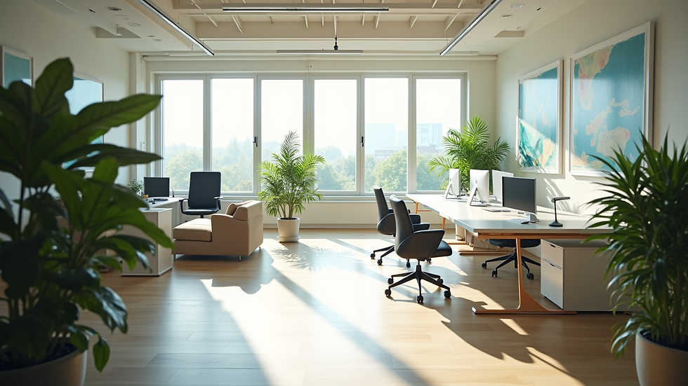 High angle view of a clean, modern office space with plants and natural light