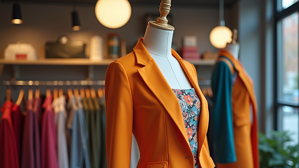 Close-up view of a vibrant outfit on a mannequin in a stylish boutique