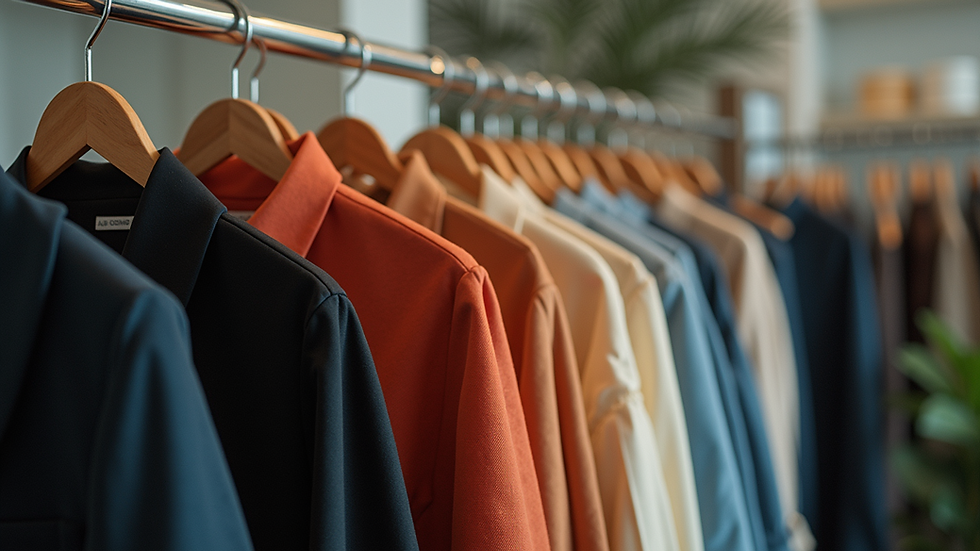 Eye-level view of a beautifully arranged clothing rack showcasing stylish outfits