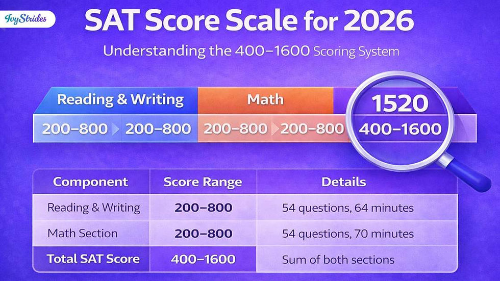 SAT score scale 2026 infographic showing 400 to 1600 range with math and reading writing section breakdown