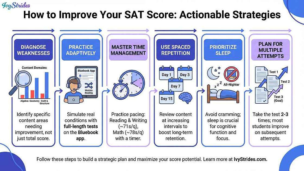 Infographic detailing strategies to improve SAT scores.