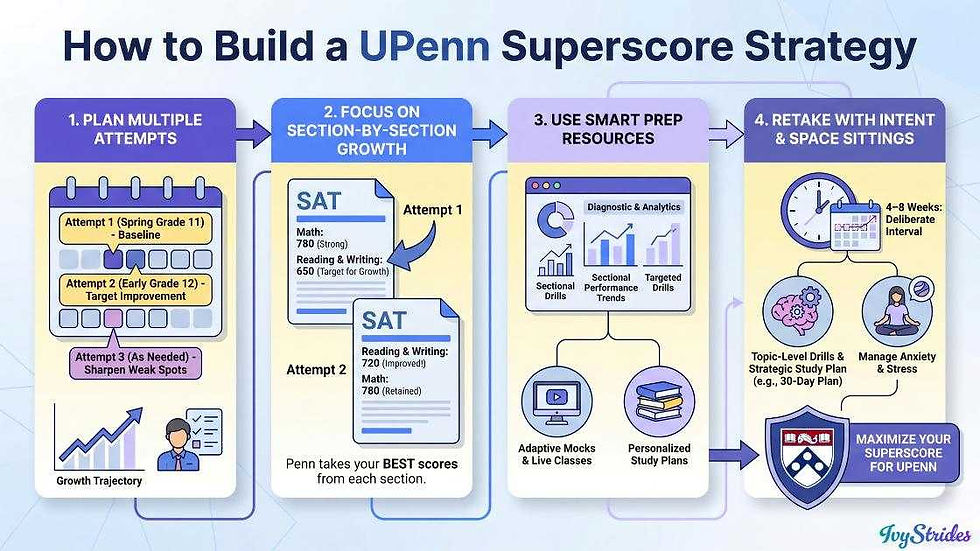 Infographic illustrating a strategy for optimizing SAT superscores for UPenn applicants.