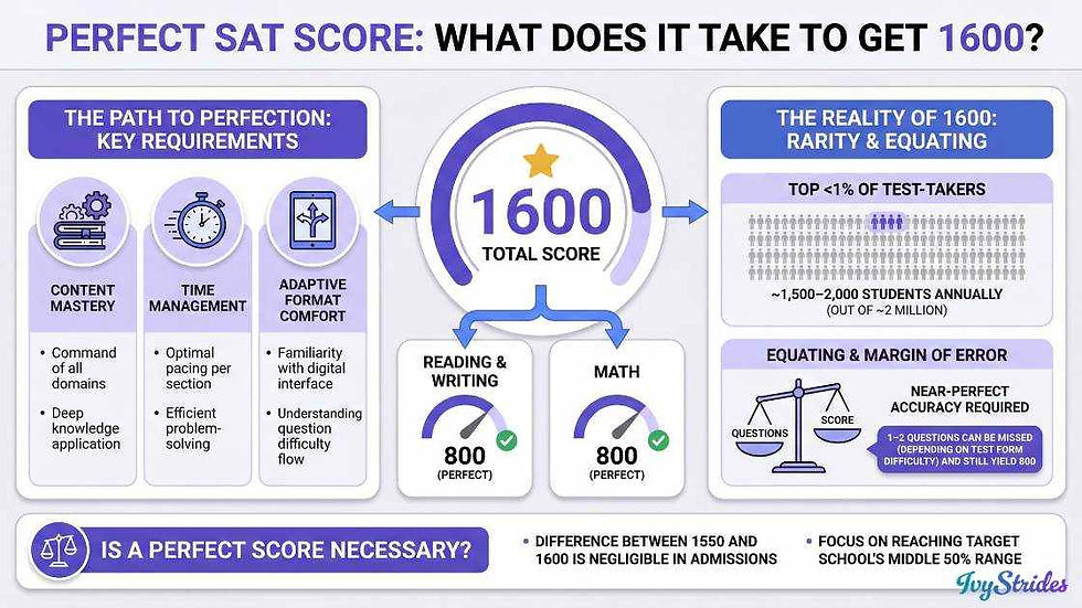 Infographic detailing requirements and statistics for achieving a perfect SAT score of 1600.