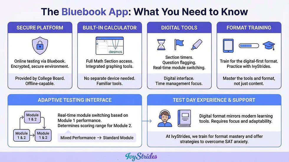 Infographic detailing features of the Bluebook app for SAT testing.