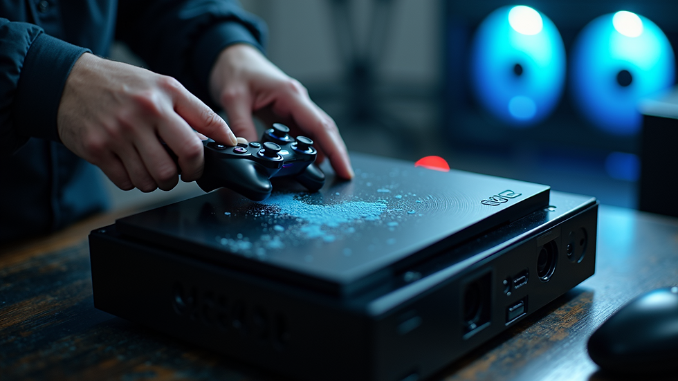 High angle view of a gaming console being cleaned and serviced