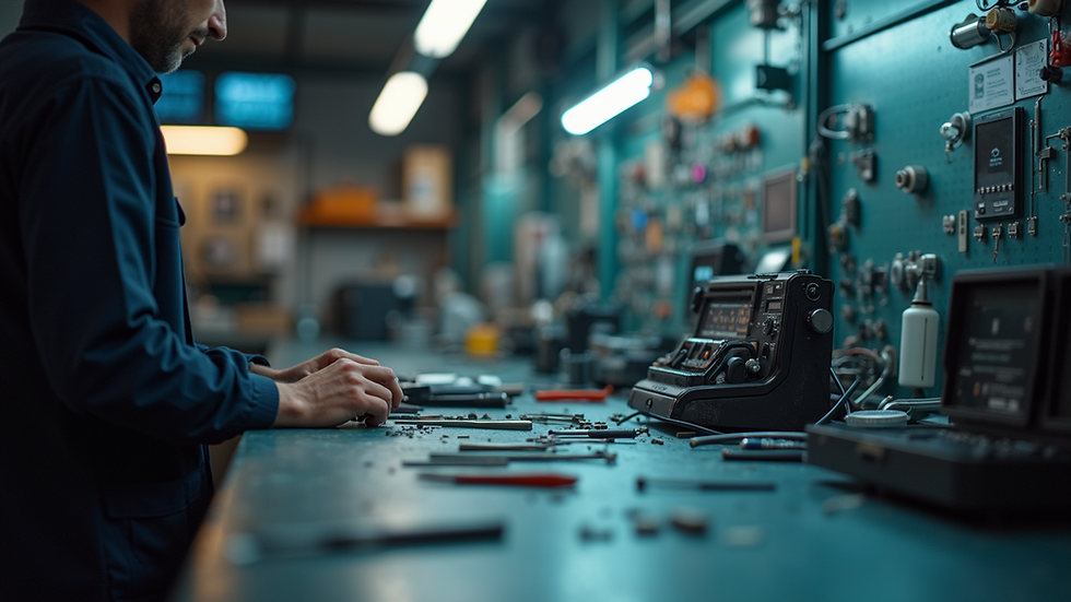 Eye-level view of a tech repair shop with tools and devices on the counter