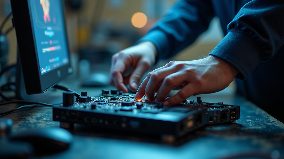Eye-level view of a technician repairing a gaming console on a workbench