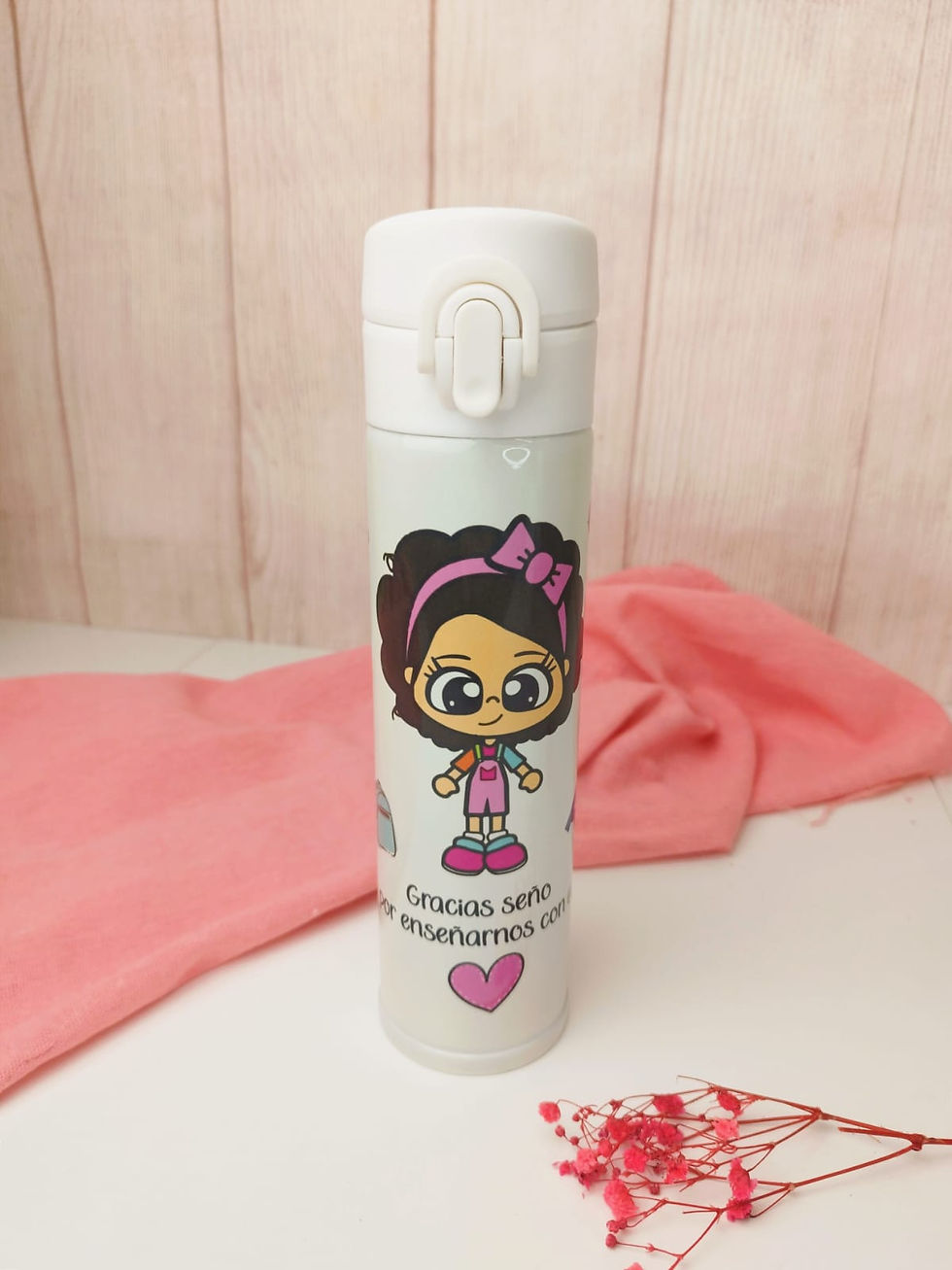 Pack para profes de taza y termo con nombre de los niños regalo personalizado para profes fin de curso