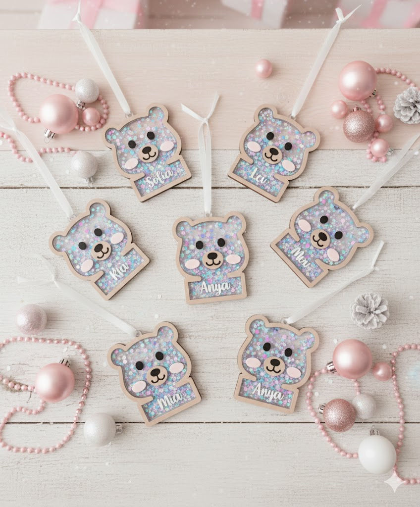 Miniatura: adorno de navidad para el arbol con forma de oso y purpurina de colores en el interior personalizada para regalo de navidad
