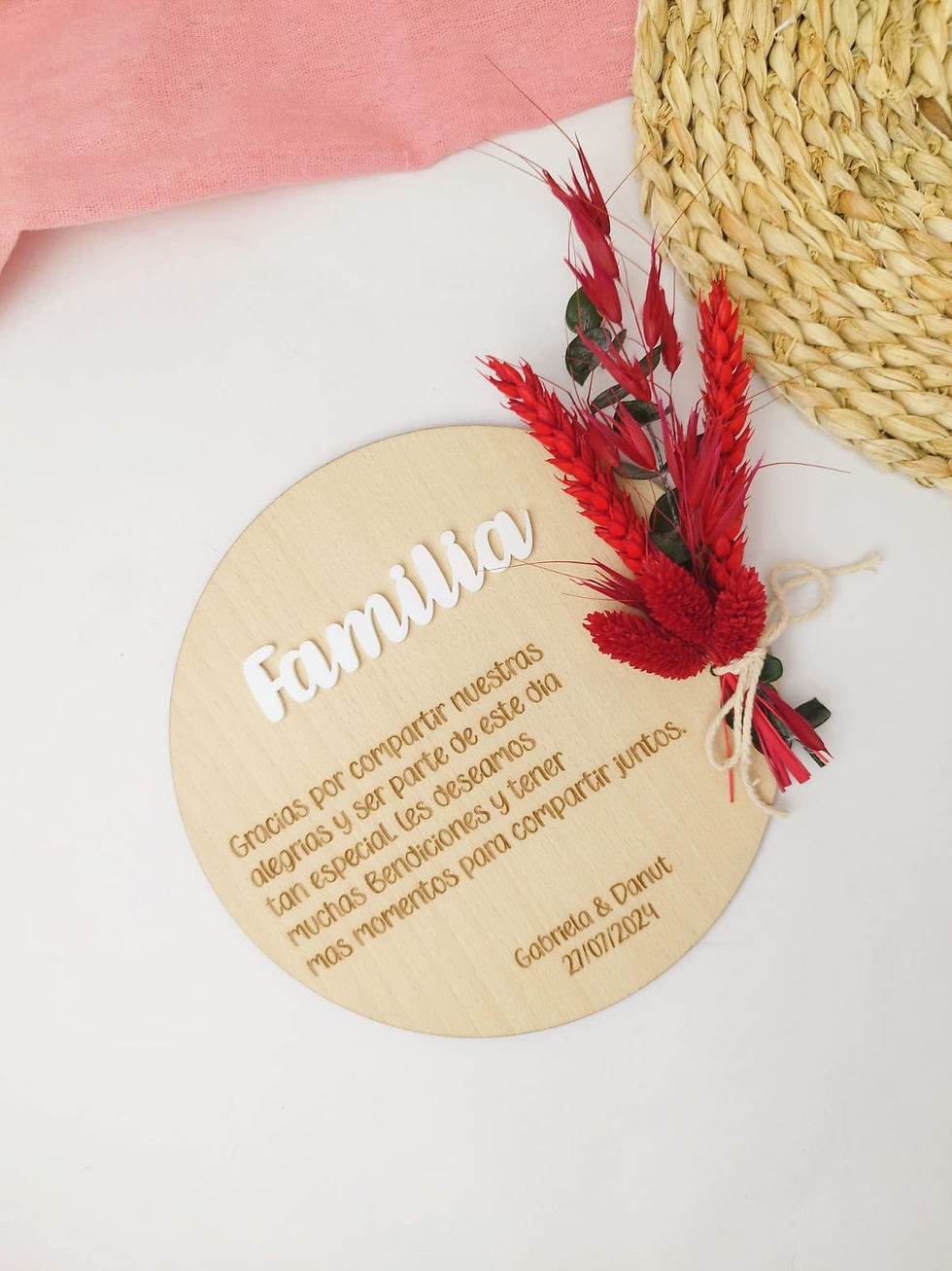 Miniatura: placa de madera dedicada personalizada con ramillete de flor preservado regalo boda eventos comuniones