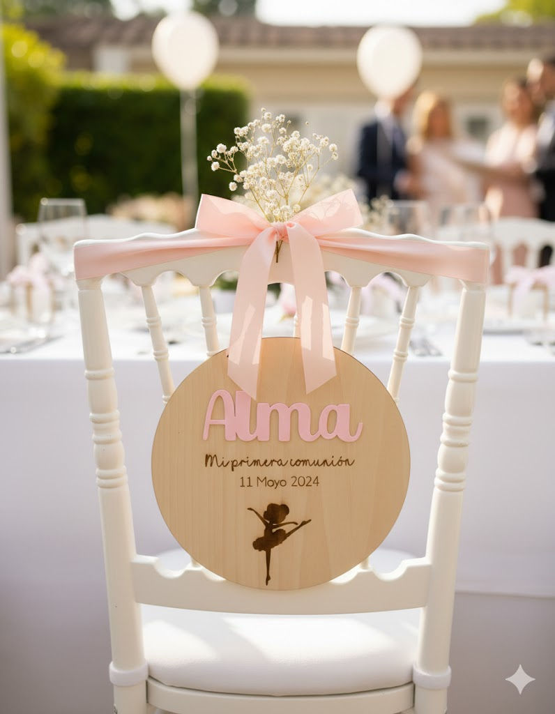 Placa de madera con nombre personalizado para comunion con cinta de colgar