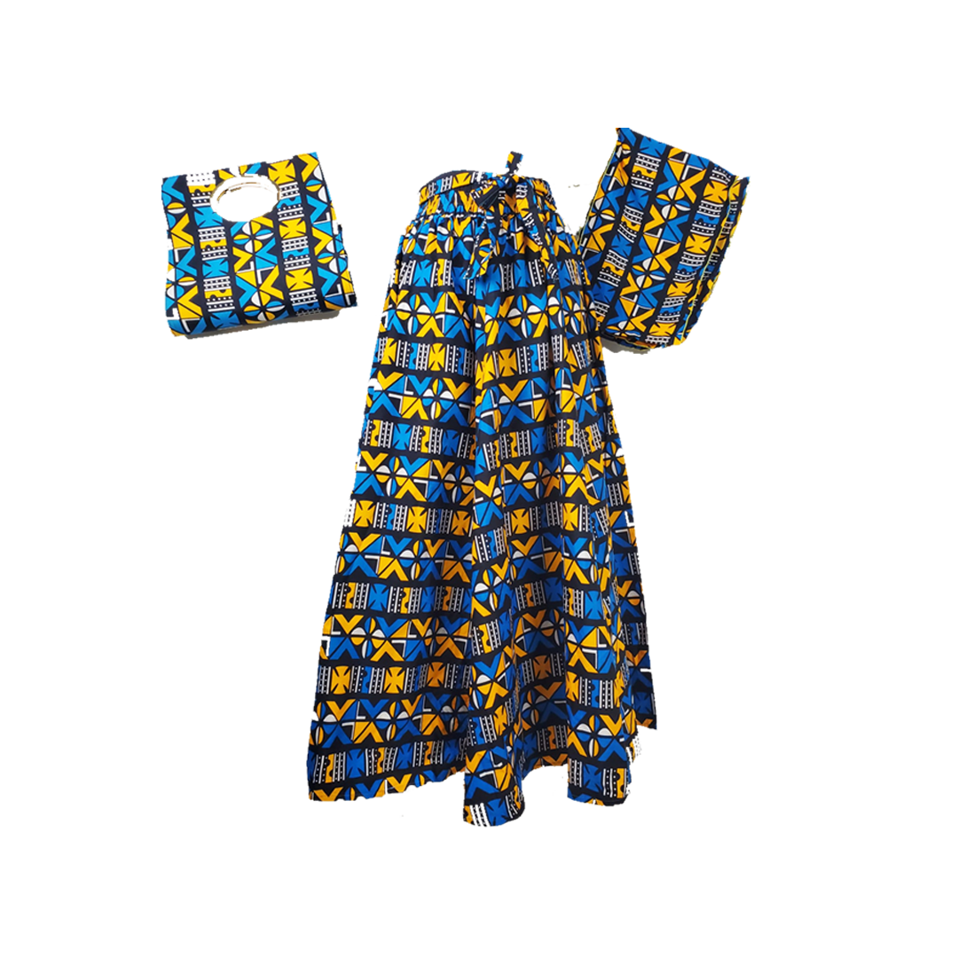 Blue & Yellow African Skirt, Scarf & Bag