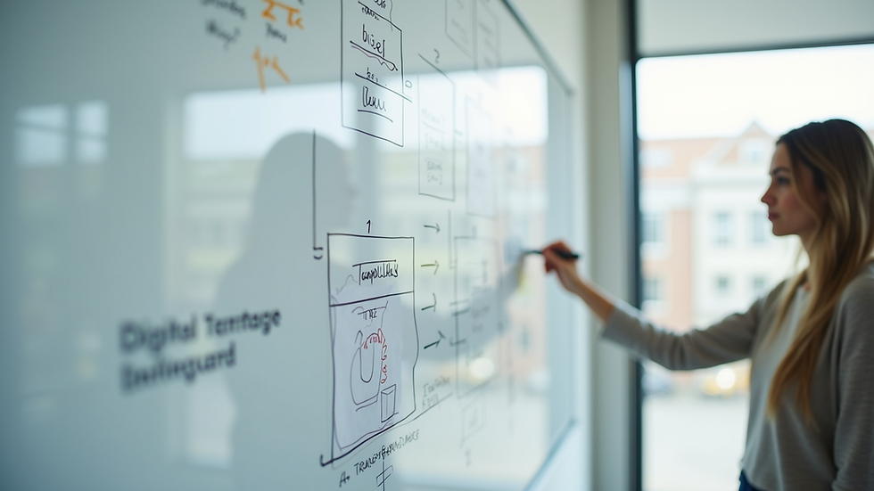 Close-up view of a whiteboard with digital transformation strategy notes and diagrams