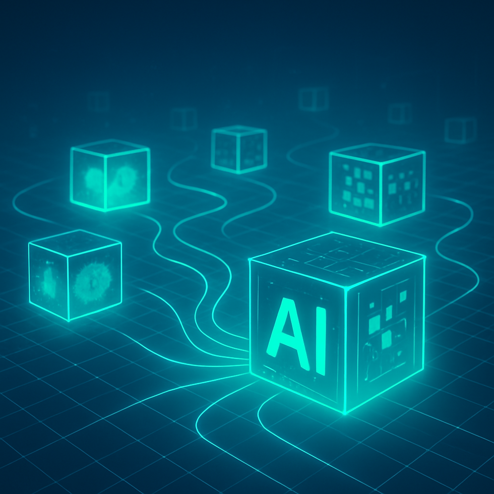 Glowing cubes connected by lines on a grid. One cube shows "AI" in neon blue, set against a dark, futuristic background.
