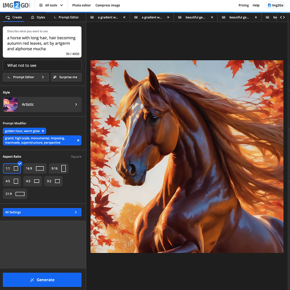 A majestic horse with flowing mane blends into autumn leaves, set against a clear sky. Warm golden hues create a serene, artistic scene.