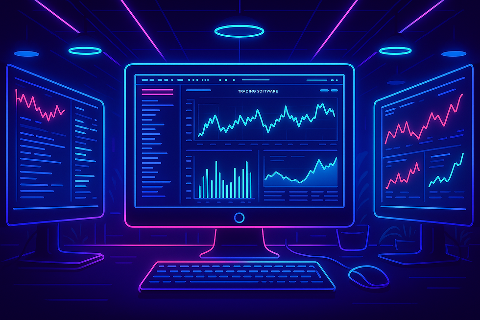 Futuristic glowing trading dashboard with financial charts and stock market graphs on three monitors." • Alt="Neon glowing workstation with financial analytics, stock charts, and trading graphs displayed across multiple screens