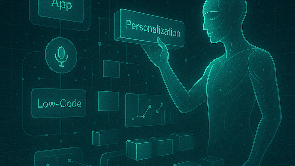 A futuristic AI-powered digital construction scene, with modular low-code components and a translucent AI architect assembling dynamic, personalized website modules in 3D space