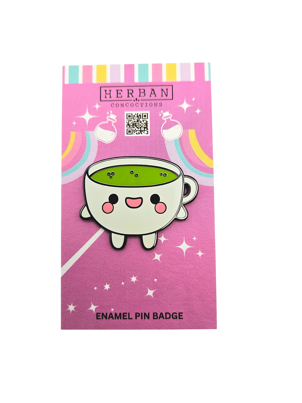 Herban Legend Mikio Matcha hard enamel pin white mug with blush pink cheeks and green matcha inside