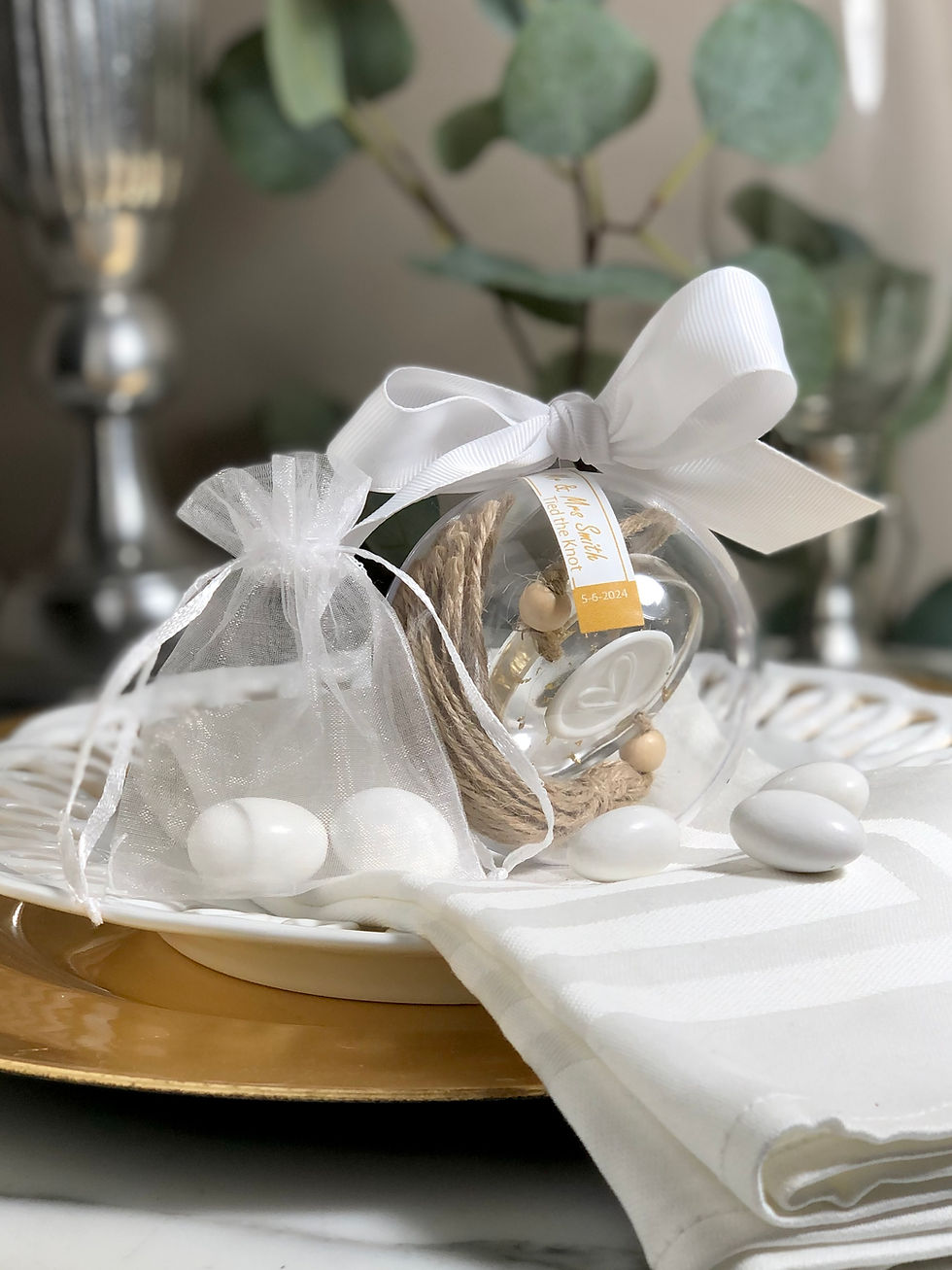 Thumbnail: Party Favor GOLD LEAF Resin & Wax Seal - Jute Tassel & Bead, Jordan Almonds