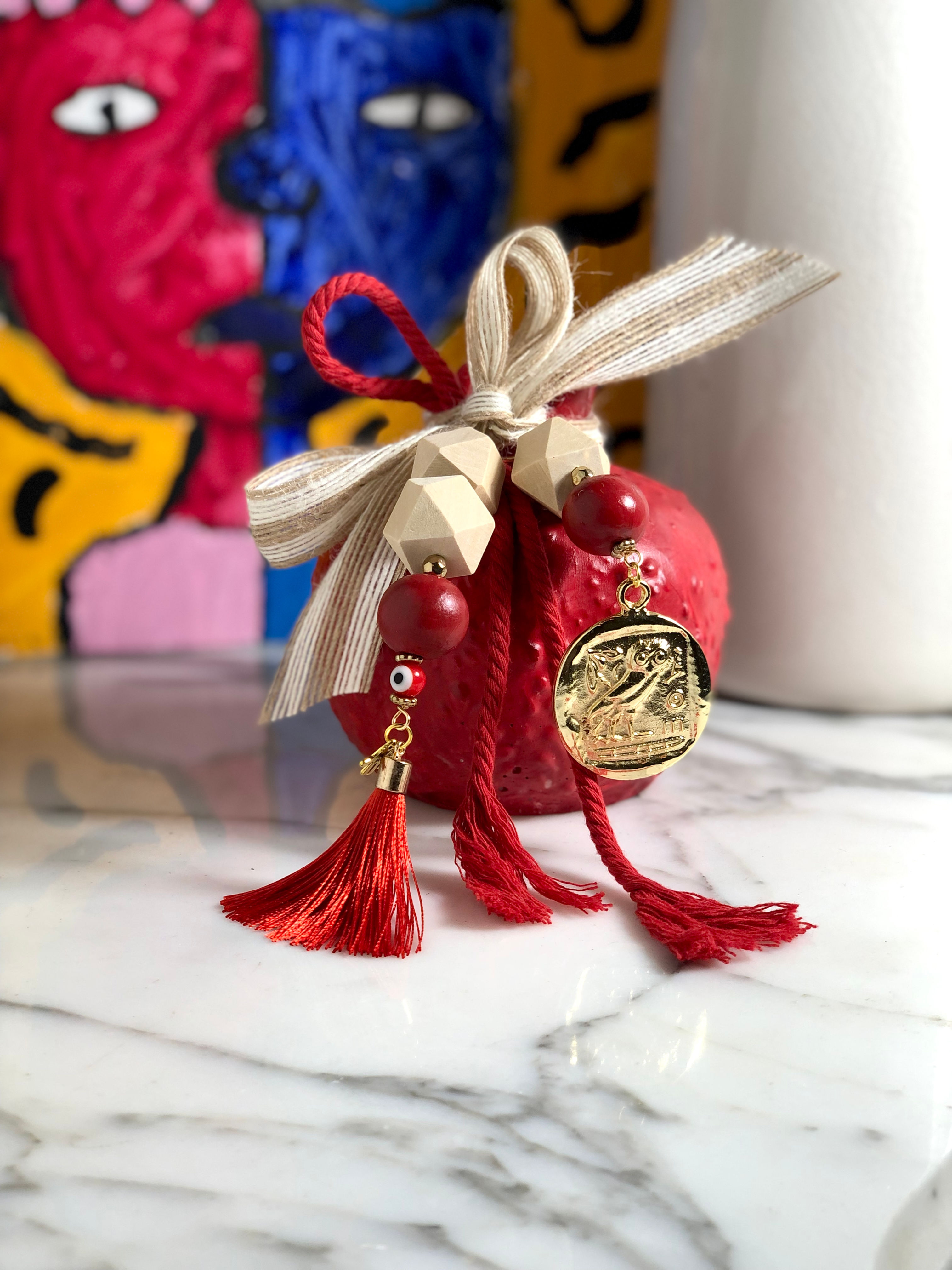 Ancient Greek Owl Coin ‘RODI’ Pomegranate Evil Eye Home Decor Large Cardinal Red