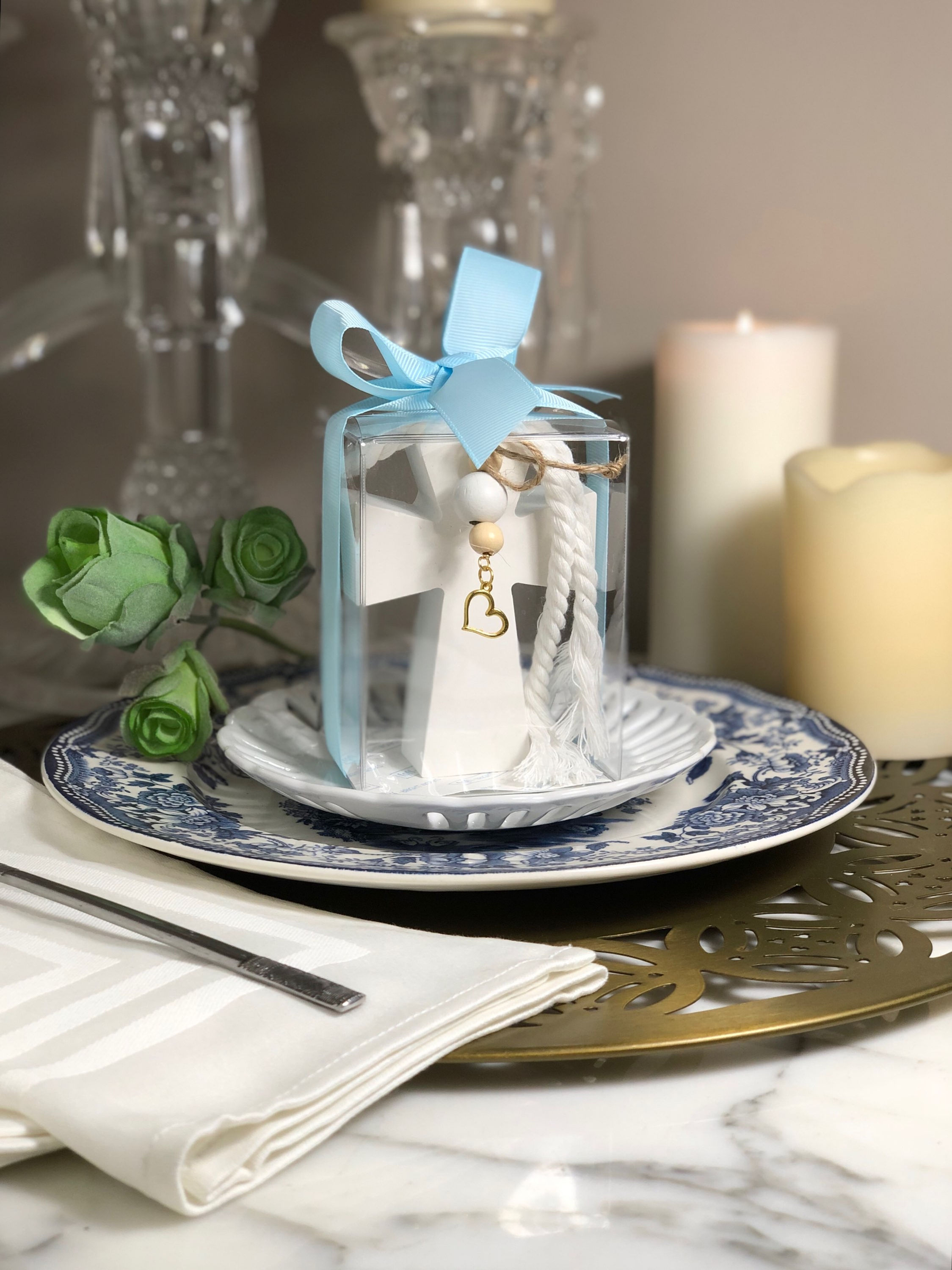 Party Favor Religious CROSS & Gold Heart - Powder Blue, Beads, Jordan Almonds