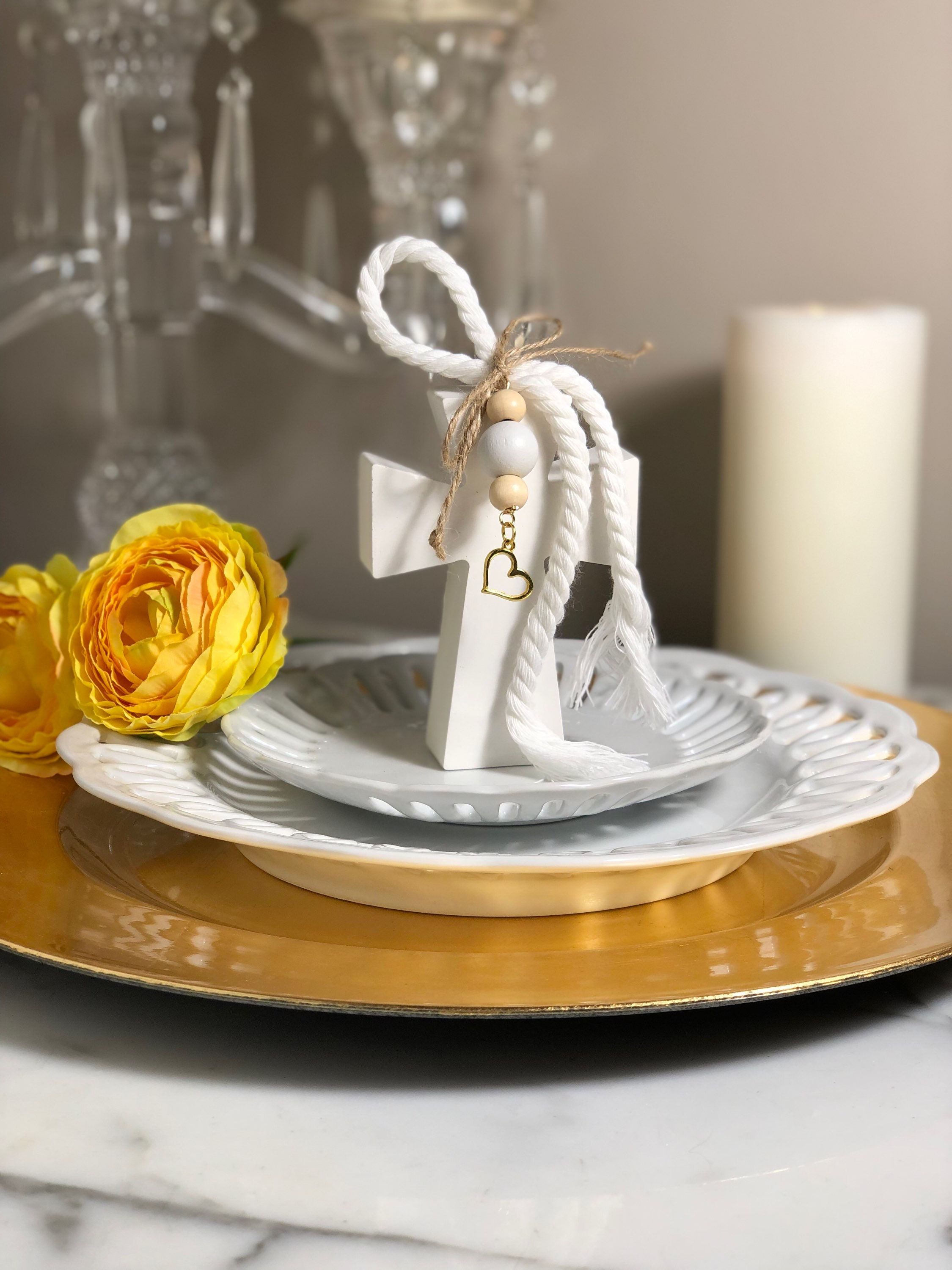 Party Favor Religious CROSS & Gold Heart - White, Beads, Jordan Almonds