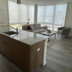 Modern kitchen and living room interior with contemporary furniture and decor