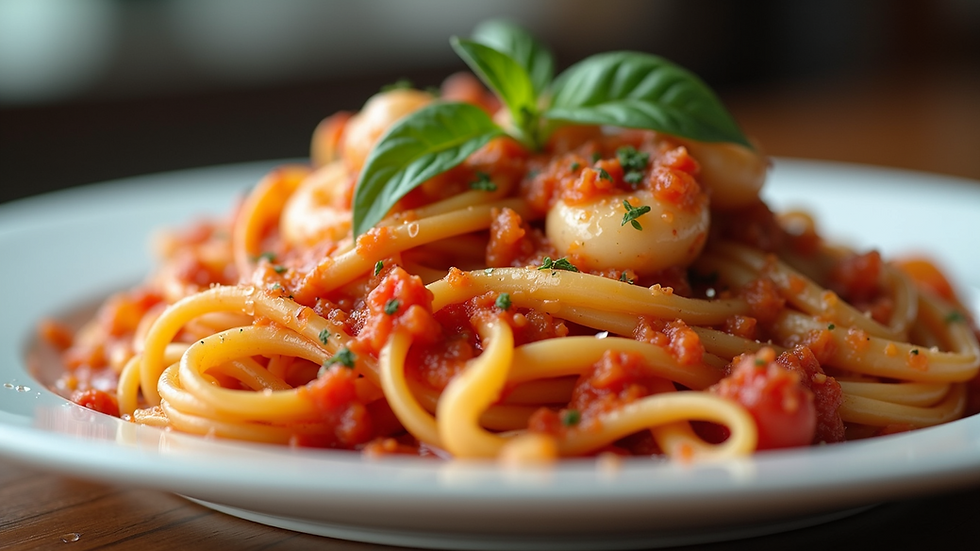 Close-up view of a plate filled with Seafood Marinara pasta
