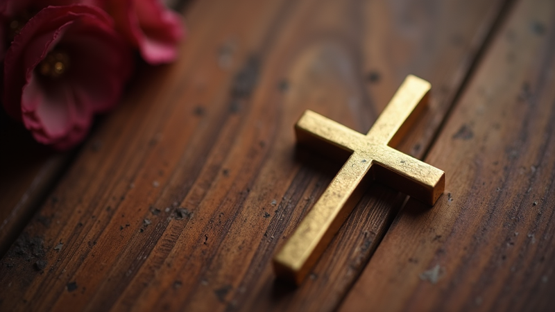 Golden cross on wooden table with red flowers