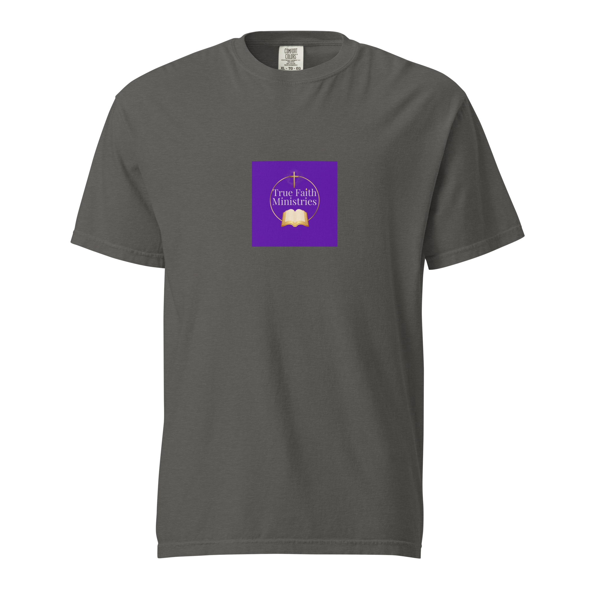 Dark gray t-shirt with purple square logo