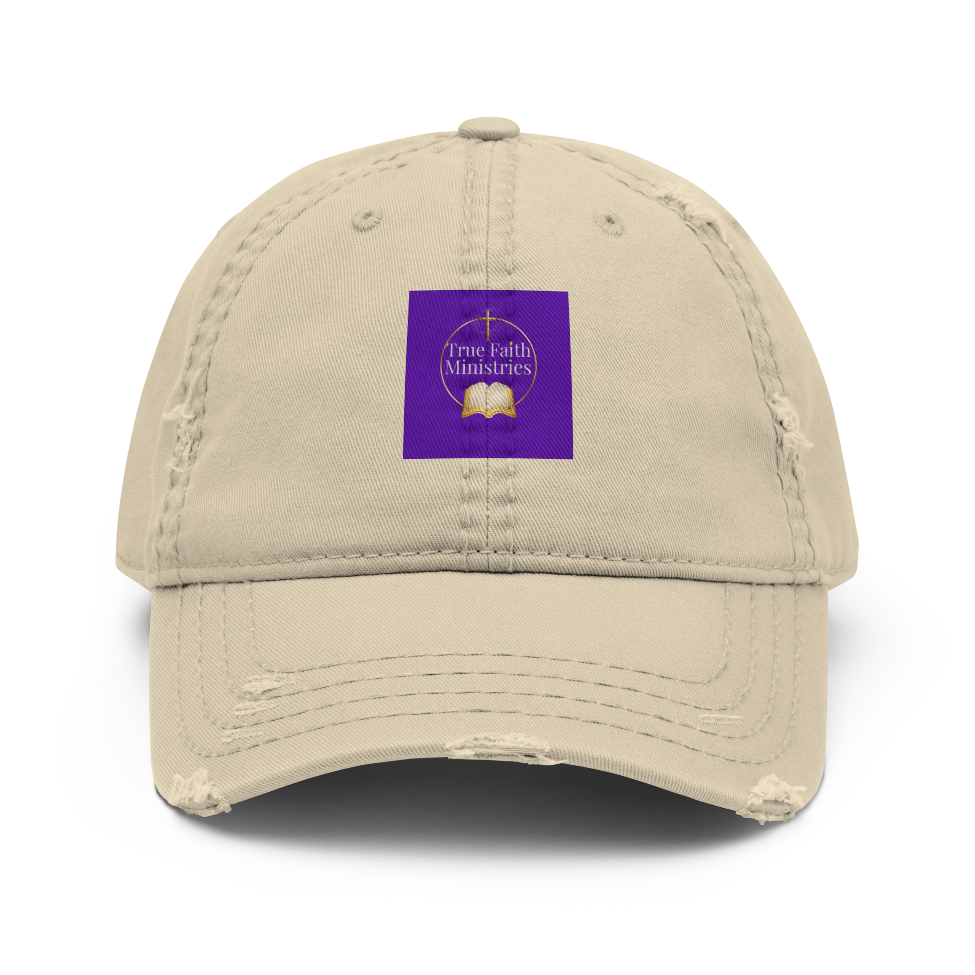 Light beige distressed dad hat with purple patch