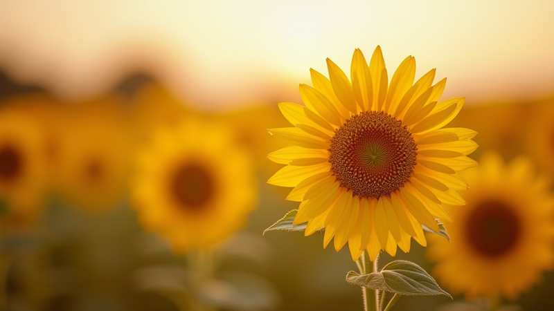 Sunflower in a field bathed in golden sunset light