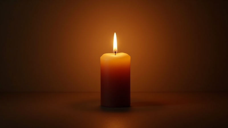 Lit candle glowing in dim light