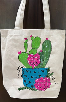 cactus in pot painted on tote bag