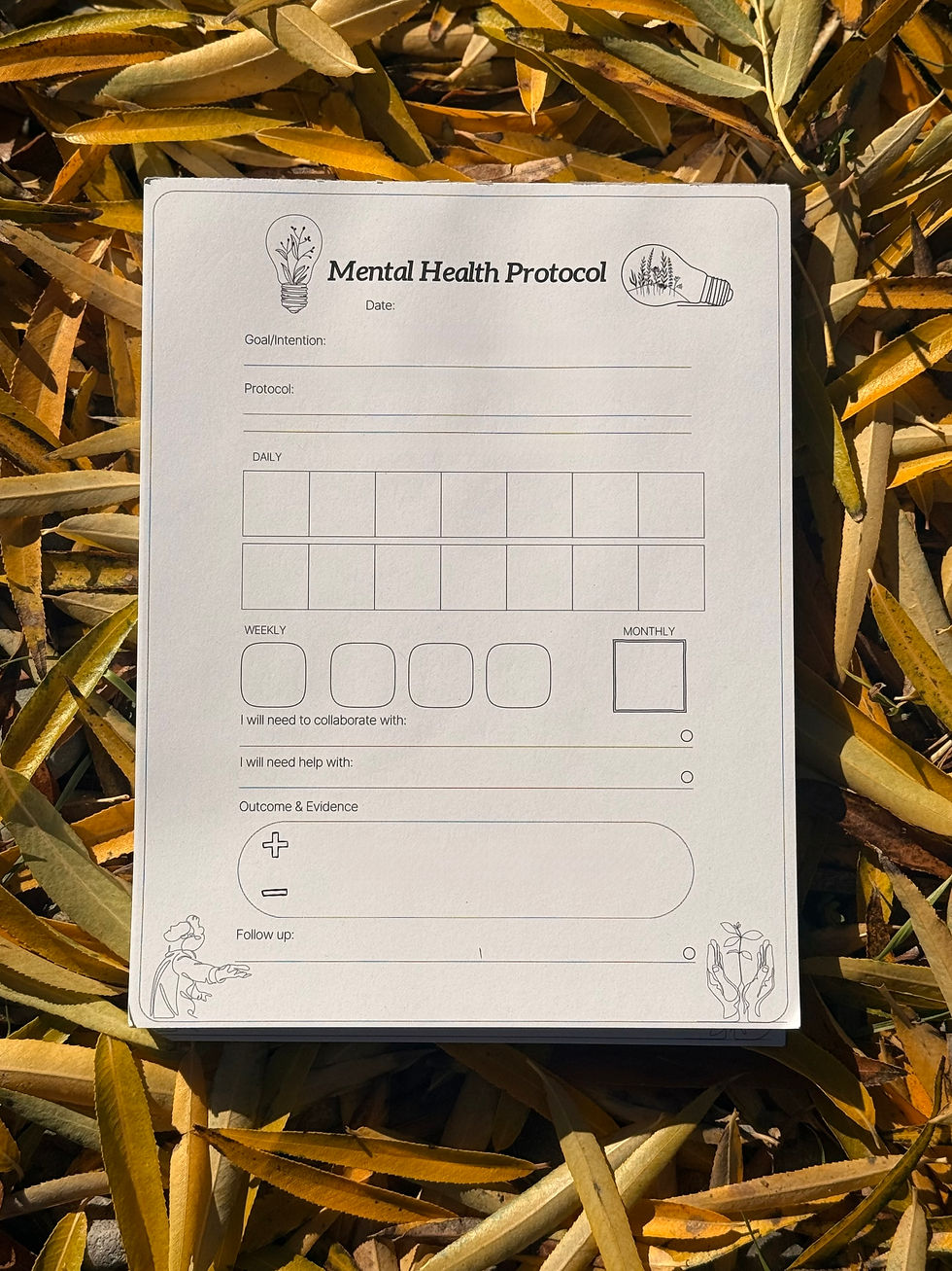 A note pad labeled Mental Health Protocol sitting on a bed of fallen fall willow leaves.
