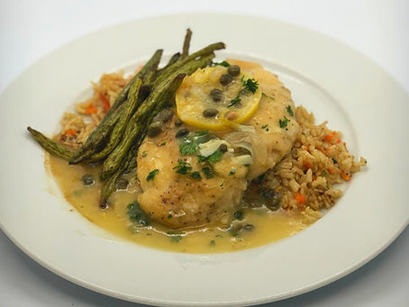 Gluten Free Lemon Caper Chicken with Sun Dried Tomato Herb Brown Rice and Balsamic Roasted Green Beans