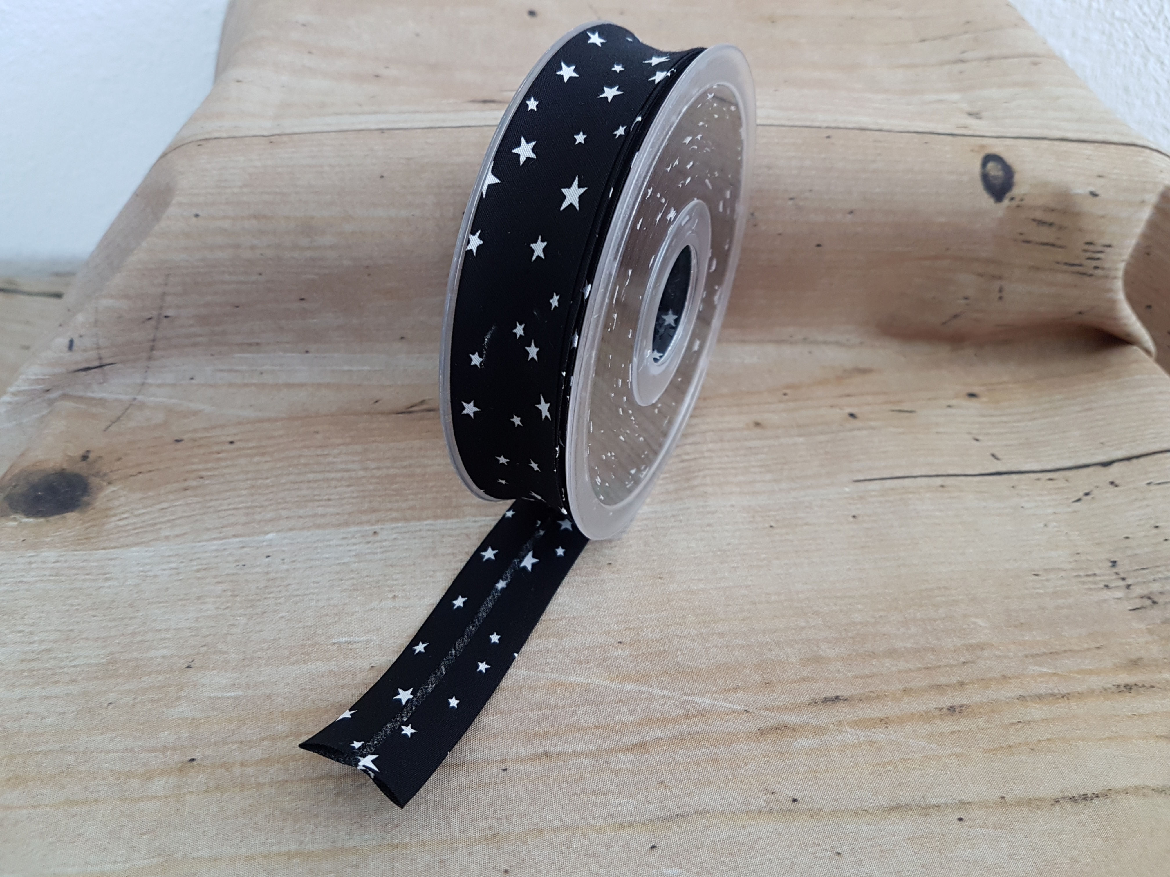 Schrägband Sterne schwarz, 2,5cm / Meterware