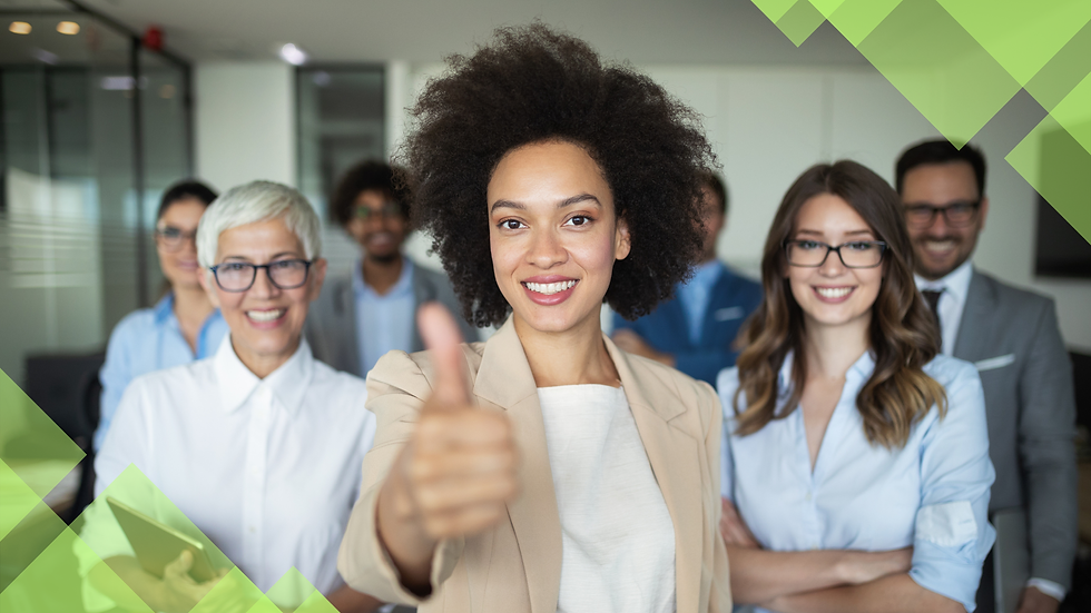 A smiling woman gives a thumbs-up, surrounded by a diverse, recruitment team in an office. Bright, vibrant greens accent the image.