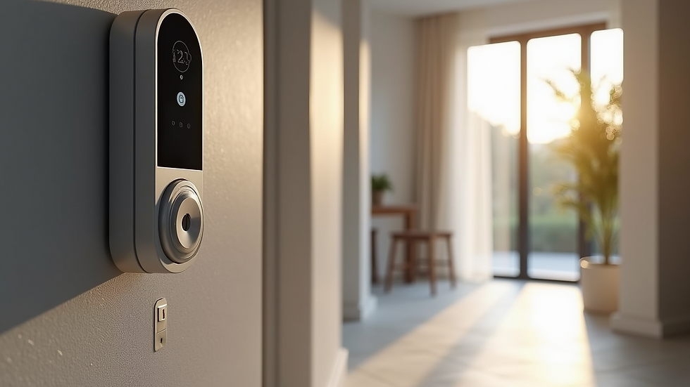 Eye-level view of a modern home with smart technology integrated into the living space