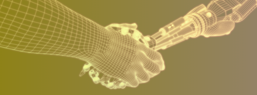 Ręka robota ściska wirtualna dłoń co symbolizuje synergię automatyzacji i sztucznej inteligencji