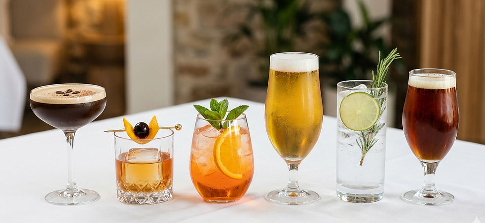 A selection of cocktails, beer, and specialty beverages showcasing mobile bartending services for weddings, private parties, and corporate events.