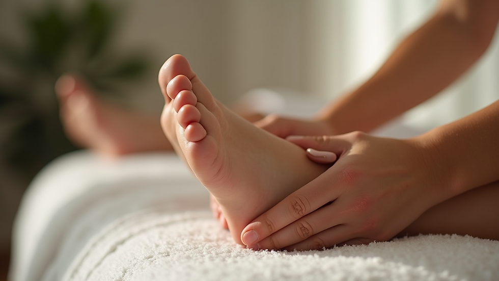 Close-up view of a reflexology session with a focus on feet