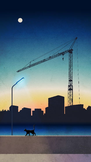 夕方の風景画, 夕暮れ,  黒猫, クレーン車, シルエット
